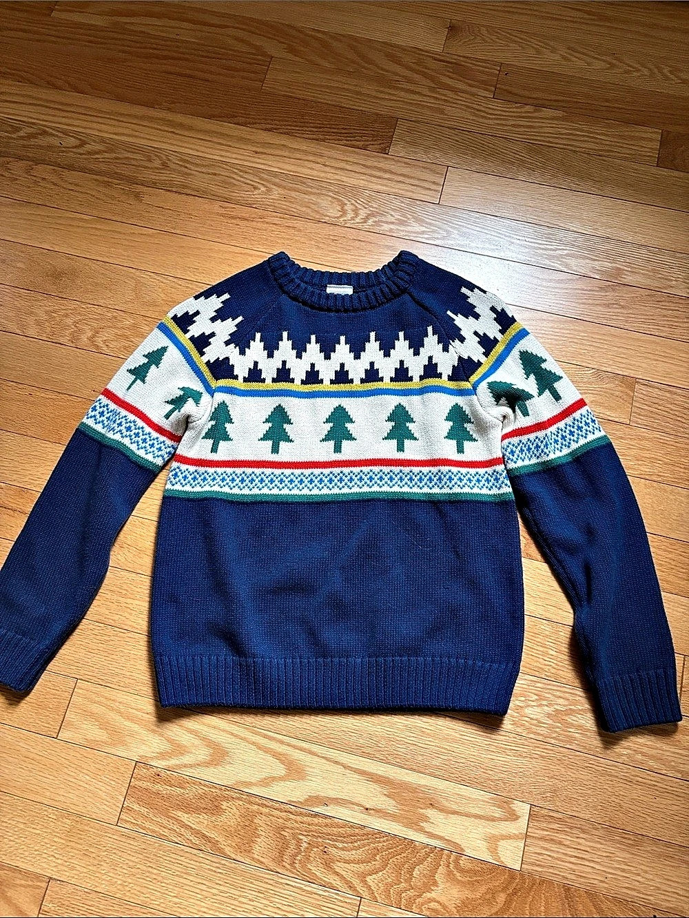Hanna Andersson Fair Isle Pine Tree Cotton Sweater Boys Size 6-7 Blue & White